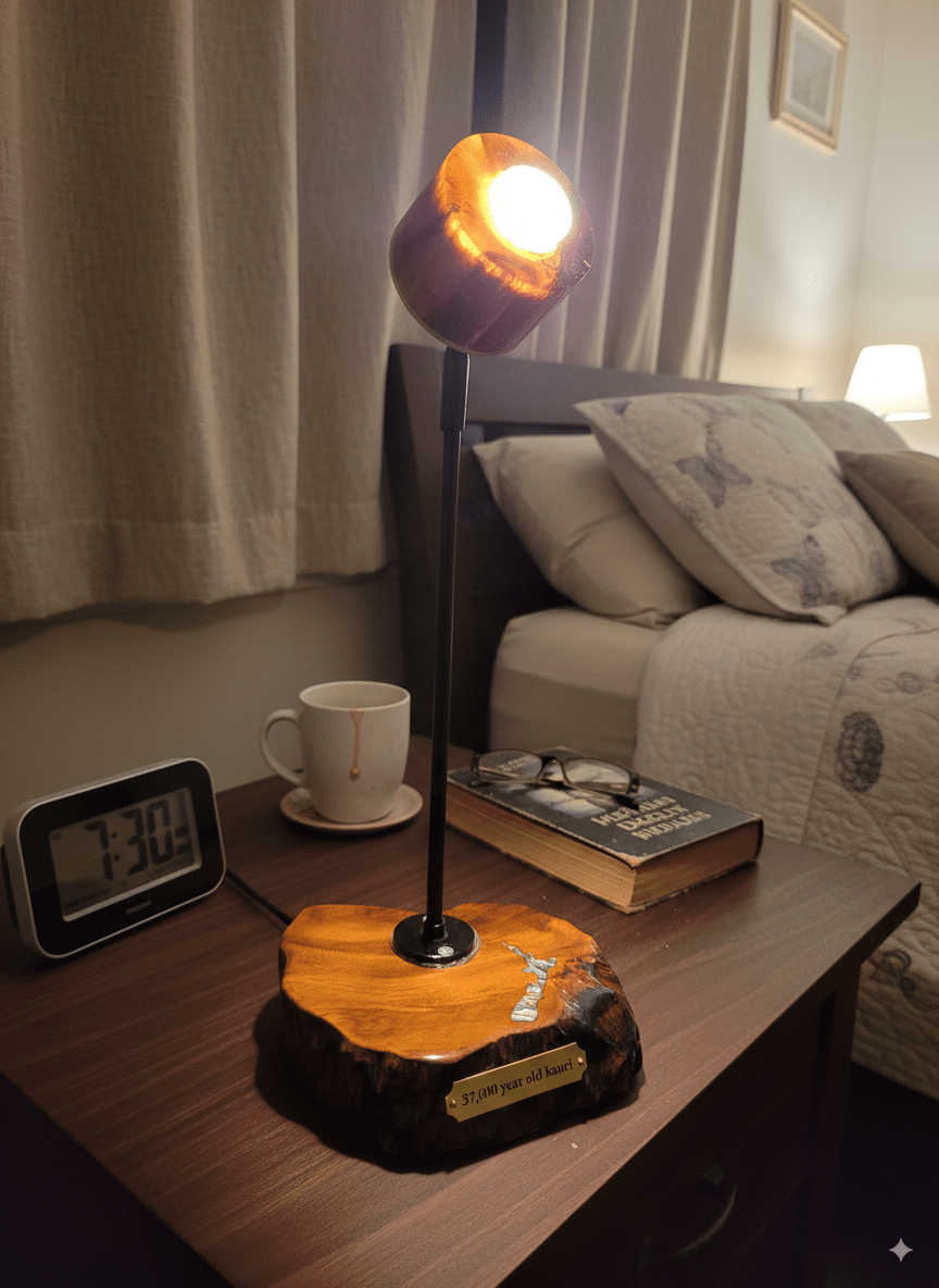 a lit kauri gum desk lamp with a plaque and paua embellishment