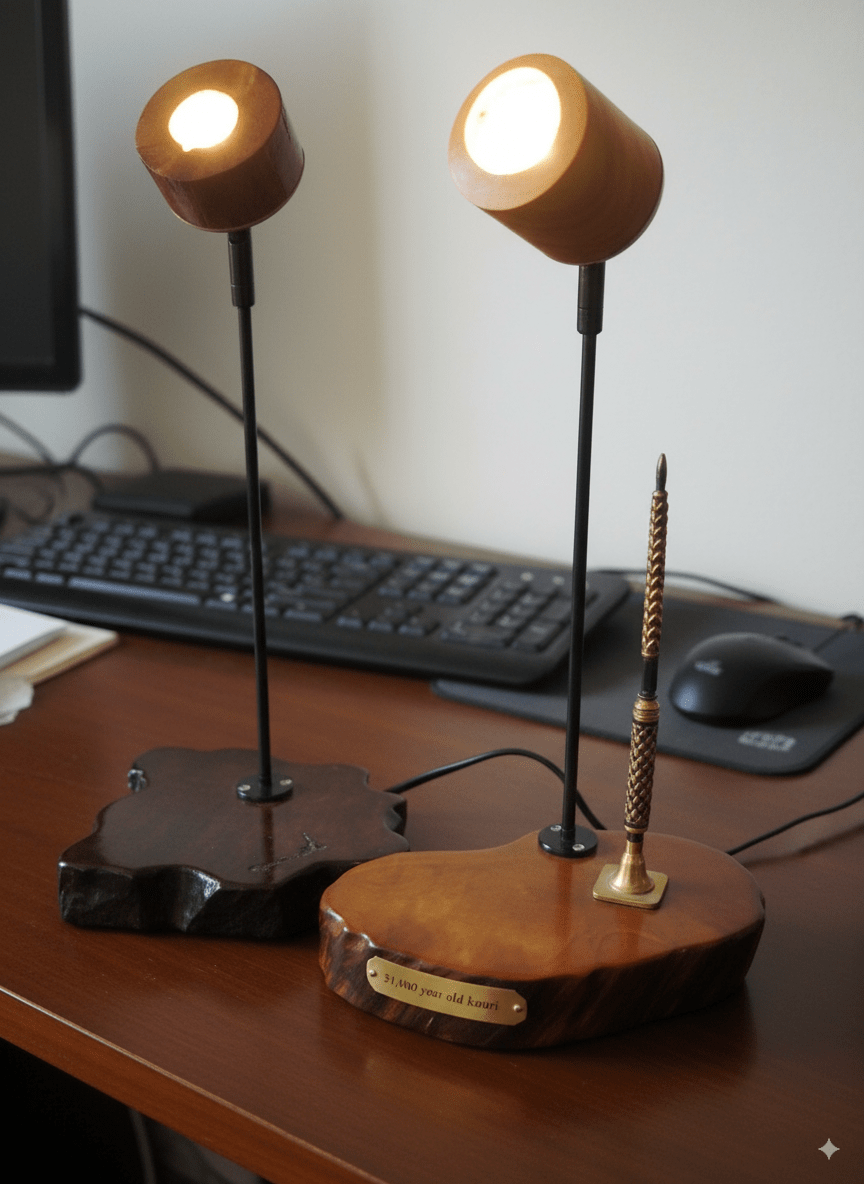 two kauri gum desk lamps, one with a pen holder