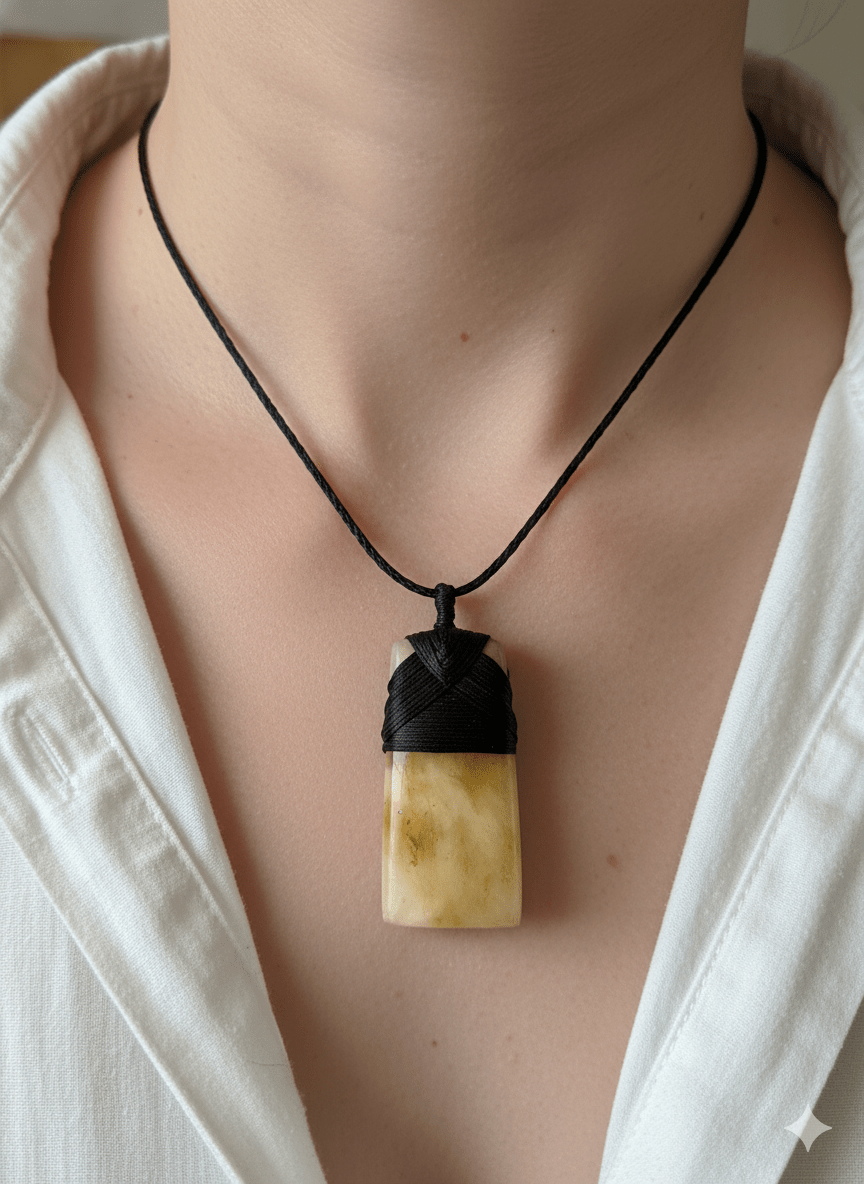 a kauri gum toki with traditional maori style lashing